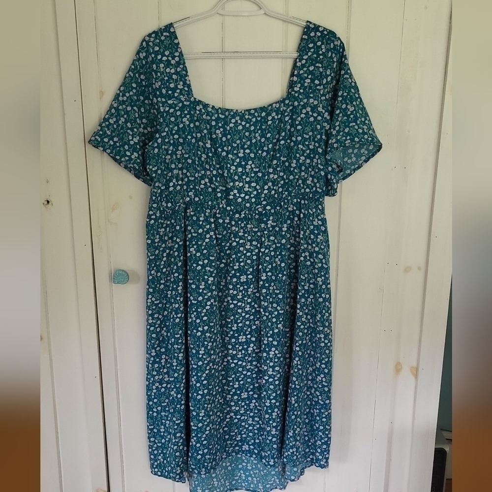 Ditsy Floral Drawstring Ruched Pocket Ruffle Tiered Teal Dress - Picture 6 of 10